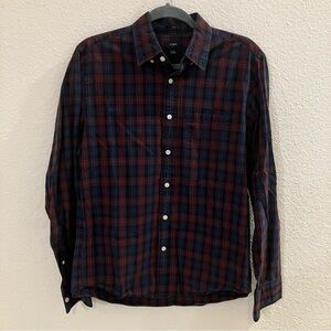 J. Crew Men's Navy and Burgundy Checkered Shirt